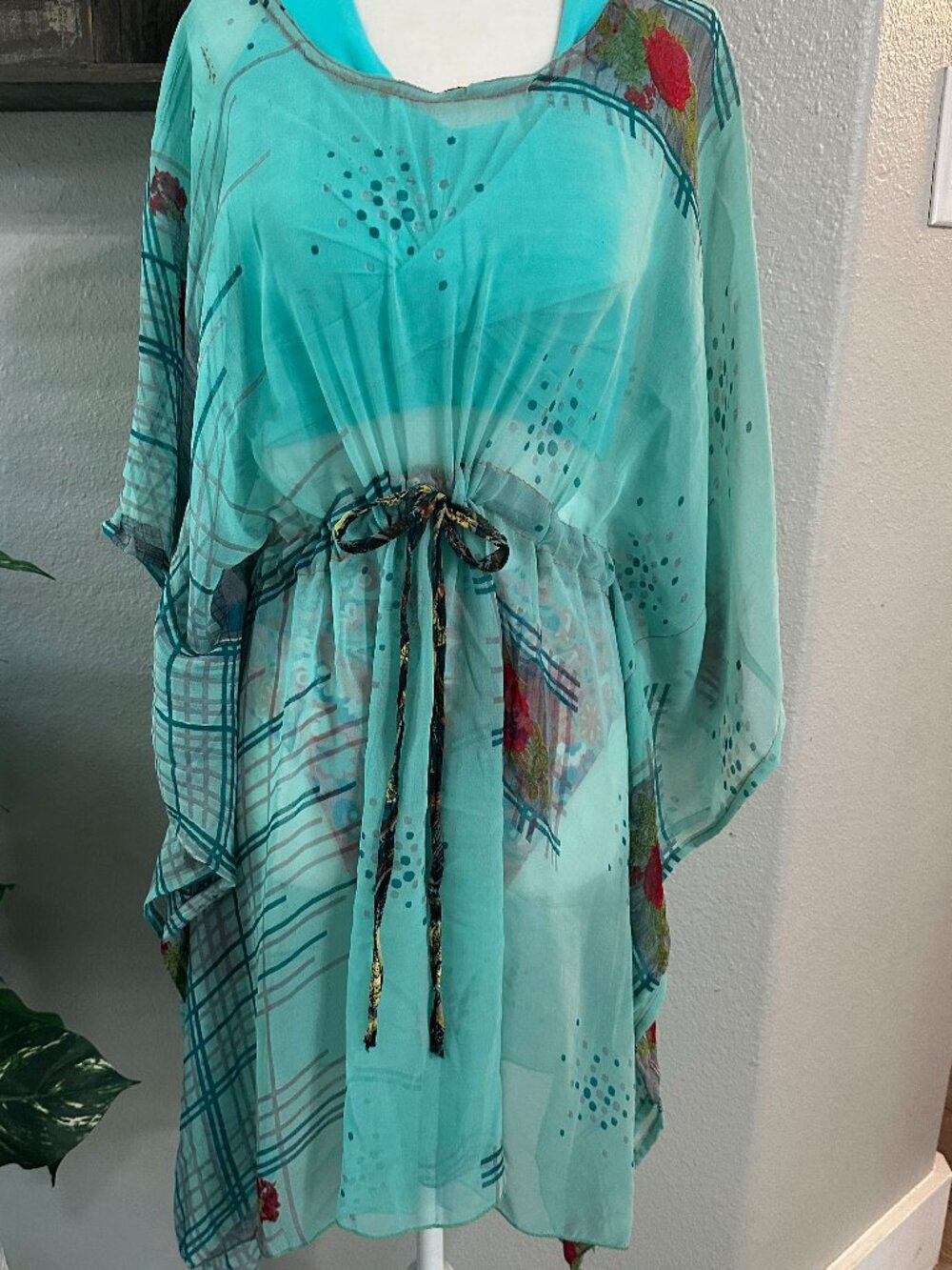 7 Islands Teal Floral Plaid Kaftan Swim Cover-Up OS